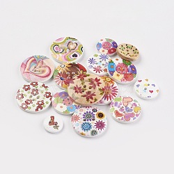 Printed Wooden Buttons, 2-Hole/4-Hole, Dyed, Flat Round, Mixed Color, 15~29.5x3.5~4mm, Hole: 2~2.5mm(BUTT-MSMC001-01)