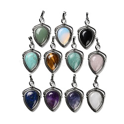 Natural & Synthetic Mixed Gemstone Pendants, Brass Shield Charms, Antique Silver, Lead Free & Cadmium Free, Mixed Dyed and Undyed, 45.5x26.5x7mm, Hole: 7x5mm(G-F777-01AS)