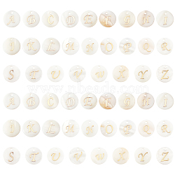 PANDAHALL ELITE 52Pcs 26 Style Natural Freshwater Shell Pendants, with Golden Plated Brass Etched Metal Embellishments, Flat Round with Alphabet, Letter A~Z, 15x2mm, Hole: 1.2mm, 2pcs/style(SHEL-PH0001-21)