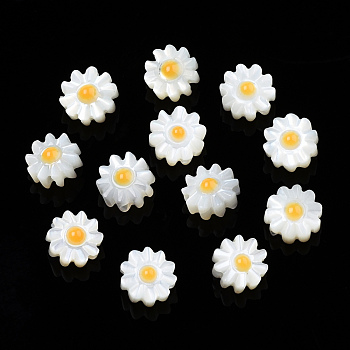 Natural White Shell Enamel Beads, Flower, Orange, 6.5x6.5x3.5mm, Hole: 0.8mm