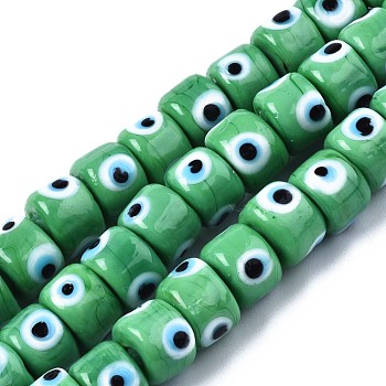 Handmade Evil Eye Lampwork Beads Strands, Column, Lime Green, 8.5x6~7mm, Hole: 2mm, about 53~56pcs/strand, 13.78 inch~14.17 inch(35cm~36cm)