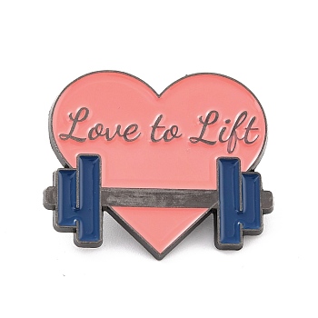 Love To Lift Enamel Pin, Heart with Dumbbell Alloy Enamel Brooch for Backpack Clothes, Gunmetal, Light Coral, 26x30x9.5mm, Pin: 1mm