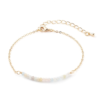 March Birthstone Natural Morganite Beaded Bracelets, with Brass Cable Chains, Faceted Round, Golden, 7-1/4 inch(18.5cm)
