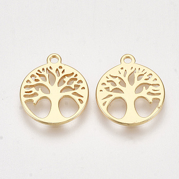 Brass Charms, Flat Round with Tree, Nickel Free, Real 18K Gold Plated, 14x12x1mm, Hole: 1.2mm