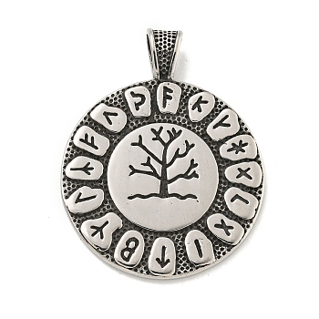 Viking 316 Surgical Stainless Steel Pendants, Flat Round with Rune & Tree Charm, Antique Silver, 45x35x6.5mm, Hole: 4.5x6.5mm