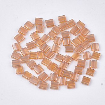 2-Hole Transparent Glass Seed Beads, Lustered, Rectangle, Sandy Brown, 5x4.5~5.5x2~2.5mm, Hole: 0.5~0.8mm