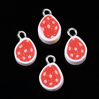 Handmade Polymer Clay Charms, with Platinum Tone Iron Loop, Easter Egg, Crimson, 14x8.5x3.5~5mm, Hole: 2mm