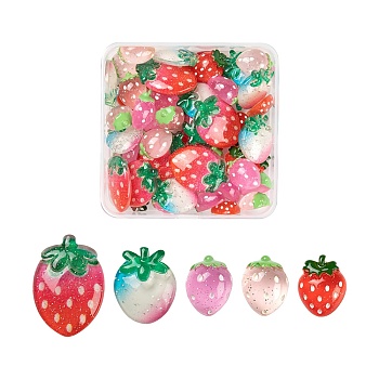 50Pcs Resin Cabochons, with Glitter Powder, Strawberry, Mixed Color, 19~31.5x15~23x6~9mm,