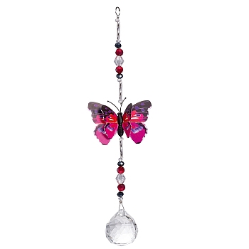 Random Pattern Butterfly Hanging Crystal Prisms Suncatcher, Chain Pendant Hanging Decor, Fuchsia, 250mm