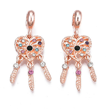 Rack Plating Alloy European Dangle Charms, with Colorful Rhinestone, Large Hole Pendants, Cadmium Free & Nickel Free & Lead Free, Woven Net/Web with Feather, Rose Gold, 36.5mm, Hole: 5mm, Feather: 12.5x2.5x3.5mm