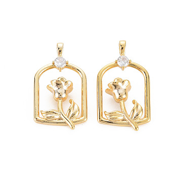 Rack Plating Brass Micro Pave Clear Cubic Zirconia Pendants, Nickel Free, Flower, Real 18K Gold Plated, 24x14x6mm, Hole: 2.5x1.5mm