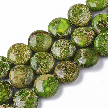 Natural Imperial Jasper Beads Strands, Dyed, Flat Round, Lime Green, 12x6mm, Hole: 1.2mm, about 32~34pcs/Strand, 15.35 inch~15.94 inch(39~40.5cm).