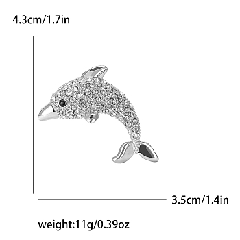 Alloy Rhinestone Brooch for Backpack Clothes, Dolphin, Platinum, 43x35mm