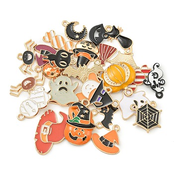 Halloween Theme Alloy Enamel Pendants, Mixed Shapes, Golden, Mixed Color, 10~26.5x11~26x1.3~5mm, Hole: 1.5~2.2mm, 27pcs/set