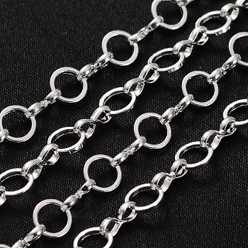 Brass Handmade Chains Mother-son Chains, Unwelded, with Spool, Silver Color Plated,  Mother Link: 6mm in diameter,  1mm thick, Son Link: 1mm wide,  5.5mm long,  2.5mm thick, about 32.8 Feet(10m)/roll