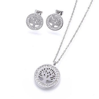 304 Stainless Steel Jewelry Sets, Pendant Necklaces and Stud Earrings, with Polymer Clay Rhinestone, Flat Round with Tree of Life, Stainless Steel Color, 17.32 inch(44cm), 14x2mm, Pin: 0.8mm