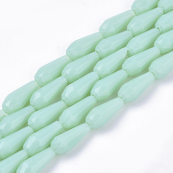 Opaque Solid Color Glass Beads Strands, Imitation Jade, Faceted, Teardrop, Aquamarine, 9~10x4mm, Hole: 1mm, about 72pcs/Strand, 26.38~27.17 inch(67~69cm)