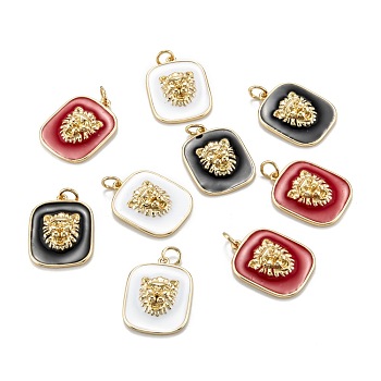 Real 18K Gold Plated Brass Enamel Pendants, with Jump Rings, Long-Lasting Plated, Rectangle with Lion, Mixed Color, 21x16x5mm, Hole: 3.5mm