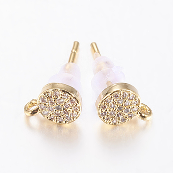 Brass Micro Pave Cubic Zirconia Stud Earring Findings, Lead Free & Cadmium Free, Flat Round, Clear, Golden, 8x6x2mm, Pin: 0.8mm