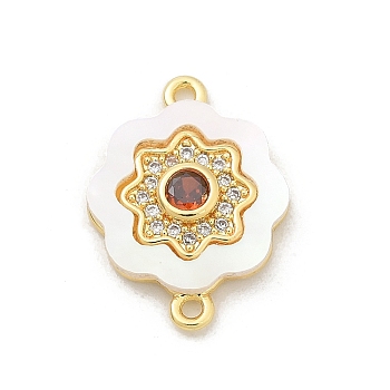 Brass Micro Pave Clear Cubic Zirconia & Shell Connector Charms, with Orange Red Glass, Real 18K Gold Plated, Flower, 17.5x13x2.5mm, Hole: 1.2mm