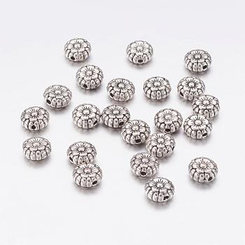 Tibetan Style Alloy Beads, Lead Free & Nickel Free & Cadmium Free, Flower, Great for Mother's Day Gifts making, Antique Silver, about 7.5mm in diameter, 3.5mm thick, hole: 1mm
