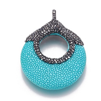 Resin Big Pendants, with Polymer Clay Rhinestone and Brass Findings, Flat Round, Platinum, Dark Turquoise, 60~61x46x6mm, Hole: 6x8mm