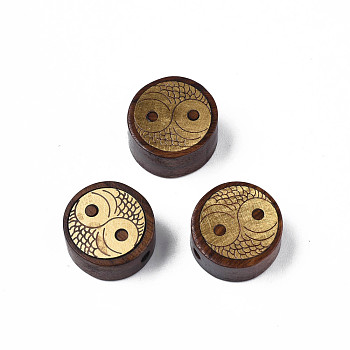 Natural Rosewood Undyed Beads, with Owl Eye Shape Raw(Unplated) Brass Slices, Flat Round, Saddle Brown, 14x7mm, Hole: 1.8mm