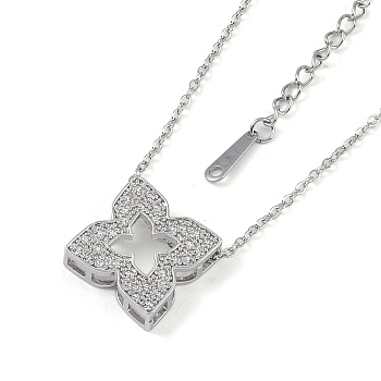 Clover Titanium Steel with Clear Cubic Zirconia Pendant Necklaces for Women, Stainless Steel Color, 15.75 inch(40cm)