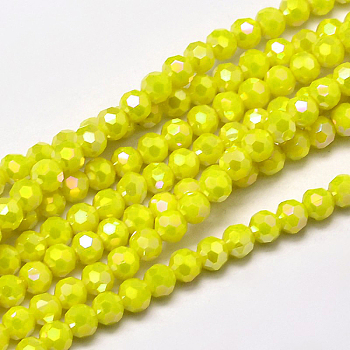 Faceted Round Full Rainbow Plated Electroplate Glass Beads Strands, Yellow, 4mm, Hole: 1mm, about 90~95pcs/strand, 12.8~13.6 inch(32~34cm)