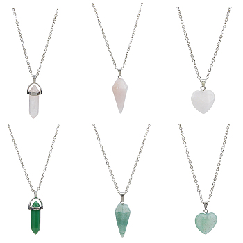 6Pcs 6 Styles Natural Rose Quartz & Green Aventurine Pendant Necklaces Set with Alloy Chains, Heart & Cone & Bullet, 18.31~18.70 inch(46.5~47.5cm), 1Pc/style