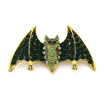 Zinc Alloy Rhinestone Halloween Bat Brooch, Antique Golden, Emerald, 34~35x58~58.5mm