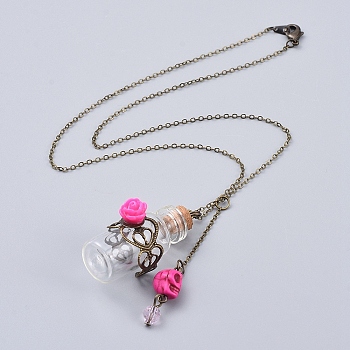Pendant Necklaces, with Skull Synthetic Howlite Beads, Rose Flower Resin Beads, Glass Bottles and Antique Bronze Plated Brass Cable Chains, for Blood Vial Necklace Making, Deep Pink, 18.11 inch(46cm)