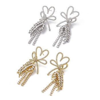 Clear Cubic Zirconia Heart Bowknot with Wheat Dangle Stud Earrings, Rack Plating Brass Long Tassel Drop Earrings  for Women, Cadmium Free & Nickel Free & Lead Free, Mixed Color, 55mm, Pin: 0.7mm, Heart: 30.5x21.5, Pendants: 32x14.5x3mm