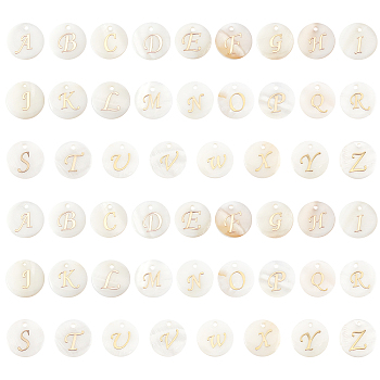 PANDAHALL ELITE 52Pcs 26 Style Natural Freshwater Shell Pendants, with Golden Plated Brass Etched Metal Embellishments, Flat Round with Alphabet, Letter A~Z, 15x2mm, Hole: 1.2mm, 2pcs/style