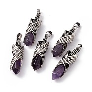 Natural Amethyst Pendants, Faceted Bullet Charms, Rack Plating Antique Silver Tone Brass Wing Findings, Cadmium Free & Lead Free, 42.5x12.5x11mm, Hole: 8x5mm(G-H281-01H)