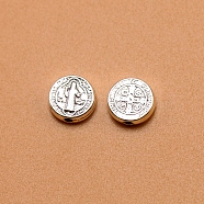 Tibetan Style Alloy Beads, Flat Round with Saint & Cross, Antique Silver, 9.5x3mm(EAER-PW0001-153AS)