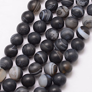 Natural Striped Agate/Banded Agate Bead Strands, Round, Grade A, Frosted, Dyed & Heated, Black, 6mm, Hole: 1mm, about 61pcs/strand, 15 inch(X-G-K166-12-6mm-03)