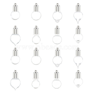 16 Sets 8 Style Transparent Glass Bottle Pendants, with Platinum Tone Brass Stopper(Detachable), Mixed Shapes, Clear, 21~25x10~12.5x6~11.5mm, 2 sets/style(GLAA-AR0001-25)