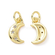 Brass Micro Pave Clear Cubic Zirconia Charms, with Jump Ring, Moon with Star, Real 18K Gold Plated, 12.5x7x2mm, Hole: 3.2mm(KK-E068-VF050)
