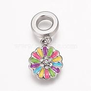 304 Stainless Steel Rhinestone European Dangle Charms, with Enamel, Large Hole Pendants, Flower, Antique Silver, 25mm, Hole: 5mm, Pendant: 14.5x12x3mm(OPDL-K001-19AS)
