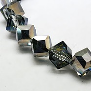 Half Plated Crystal Glass Cube Beads, Faceted, Platinum Plated, 10~11x10~11x10~11mm, Hole: 1mm(X-EGLA-F023-D01)