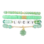 4Pcs 4 Style Glass & Polymer Clay Beaded Stretch Bracelets Set with Clover Charms, Word Lucky Stackable Bracelets for Saint Patrick's Day, Green, Inner Diameter: 2-1/8 inch(5.5cm), 1Pc/style(BJEW-TA00305)