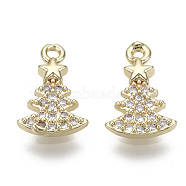 Brass Micro Pave Clear Cubic Zirconia Charms, Nickel Free, Christmas Trees, Real 18K Gold Plated, 12x8x2mm, Hole: 1.2mm(KK-S348-517-NF)