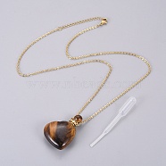 Natural Tiger Eye Openable Perfume Bottle Pendant Necklaces, with Stainless Steel Cable Chain and Plastic Dropper, Heart, 50~55cm, Bottle Capacity: 0.15~0.3ml(0.005~0.01 fl. oz), 2mm(G-K295-A05-G)