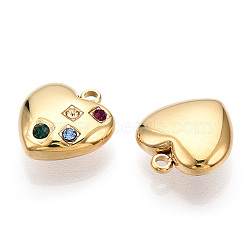 304 Stainless Steel Charms, Manual Polishing, with Rhinestone, Heart Charms, Real 14K Gold Plated, 14x13x5mm, Hole: 1.6mm(STAS-T064-10G)
