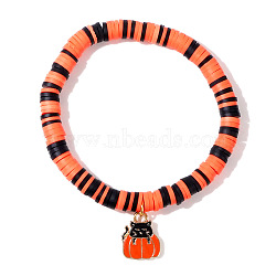 Ghostly Polymer Clay Heishi Stretch Bracelets, Halloween Charm Bracelets for Halloween Party, Pumpkin, 6-7/8 inch(17.5cm)(BH7010-8)