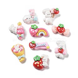 Strawberry Theme Opaque Resin Cabochons, Candy & Rabbit & Flower, Mixed Shapes, Mixed Color, 10~22.5x15.5~26x7~9mm(RESI-G084-12)