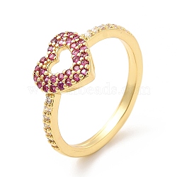 Rack Plating Brass Micro Pave Camellia & Crystal Cubic Zirconia Heart Rings, Cadmium Free & Lead Free, Long-Lasting Plated, Real 18K Gold Plated, US Size 7 1/4, 2mm, Inner Diameter: 17.5mm(RJEW-E064-15G)