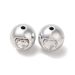 CCB Plastic with Rhinestone Beads, Round with Heart, Platinum, 15x16x16mm, Hole: 3mm(CCB-B003-34P)