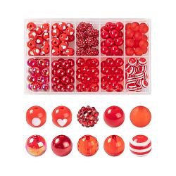 160Pcs 10 Styles Opaque & Transparent, Resin Rhinestone, Imitation Pearl and Solid Color Chewing Gum Acrylic Beads, Gumball Beads, Round, Red, 16pcs/style(SACR-LS0001-02E)
